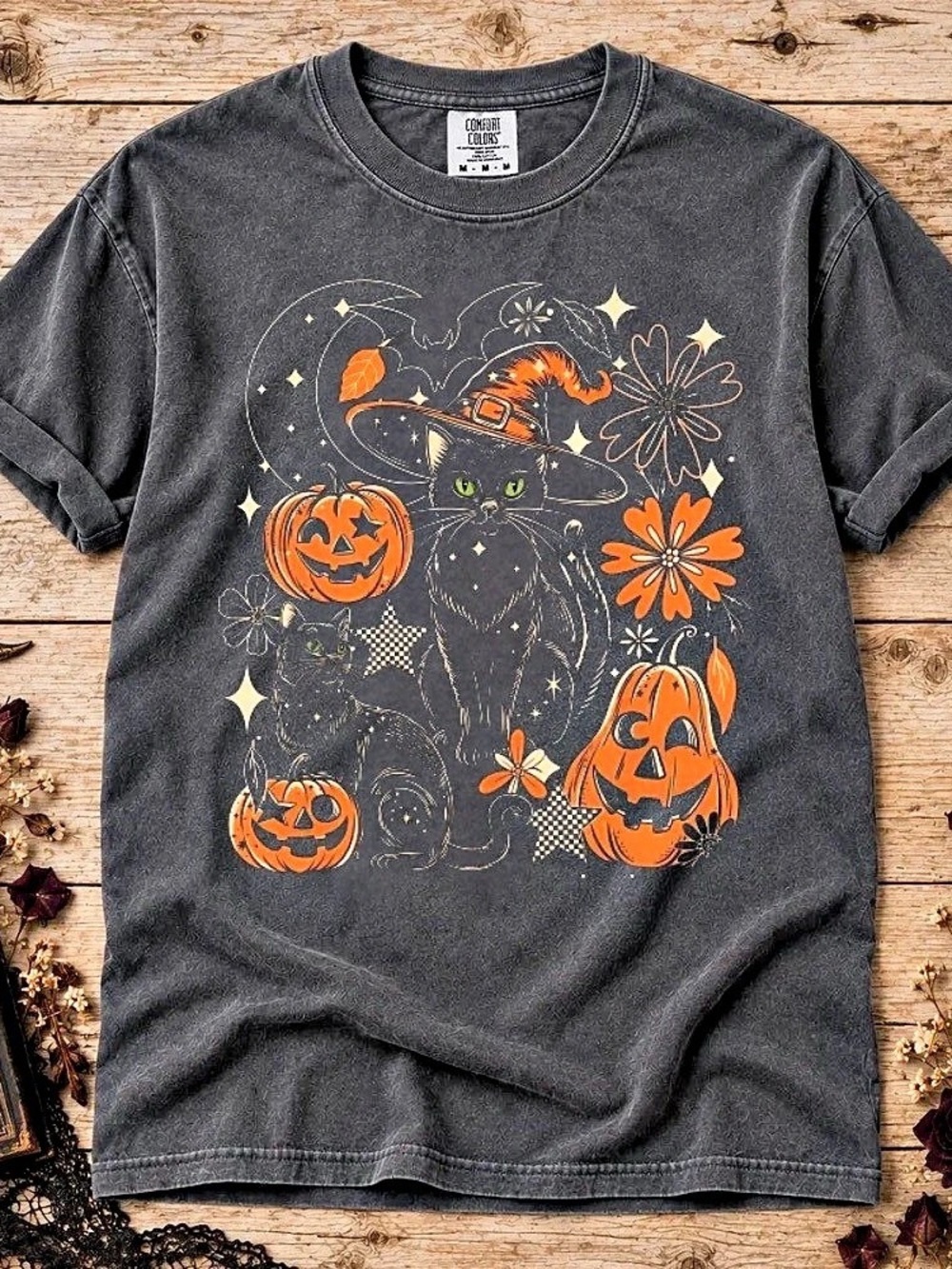Comfort Colors Halloween Black Cat Witch Moon Jack O Lanterns Floral  T-Shirt